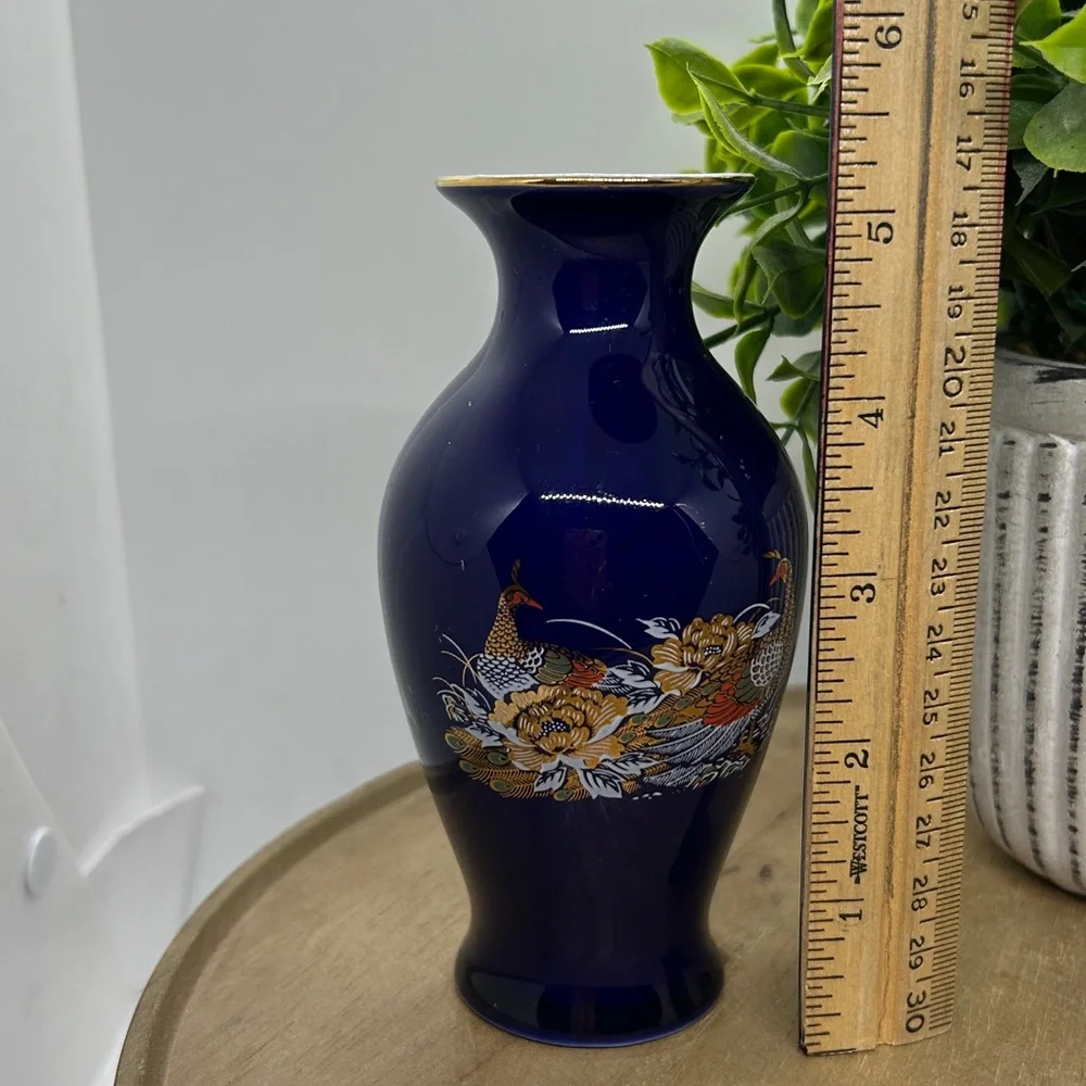 Vtg 5.25“ Vase Cobalt Blue Floral Pheasant Peacock Japan Ceramic 24k Gold Trim